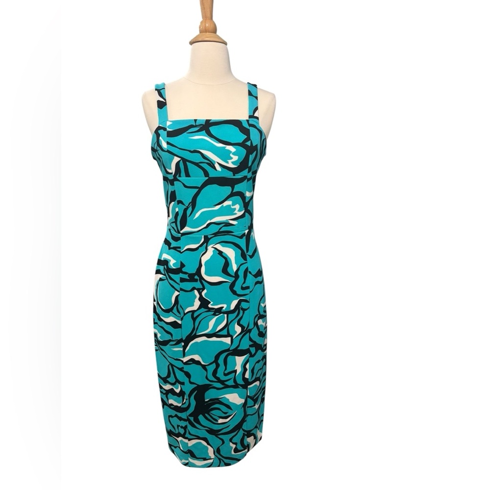 Rachel Roy Teal Blue/ Black Floral Sleeveless Midi Fitted Dress-size Small